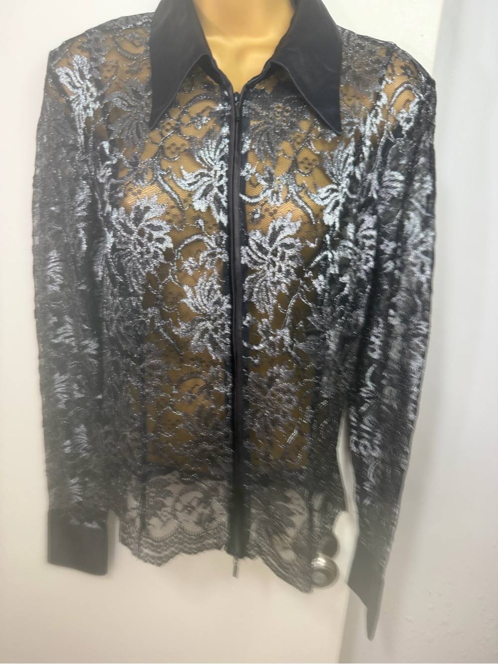 Cache Black Metallic Silver Floral Whimsigoth  Sheer Lace Y2K Vintage Blouse M